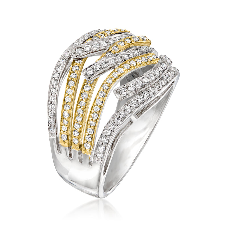 Diamond highway ring in two-tone gold with curved pavé rows