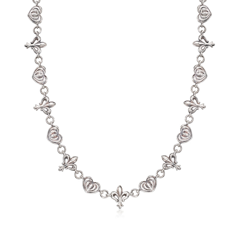 Sterling silver heart and fleur-de-lis necklace with linked heart charms and pendant stations