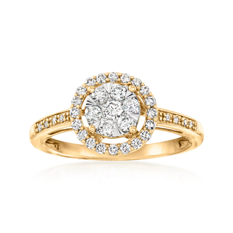 Vintage diamond cluster ring in 14kt yellow gold, round halo with pave stones