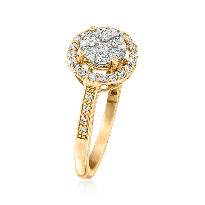 14kt yellow gold diamond cluster ring with round center stone and halo on shank