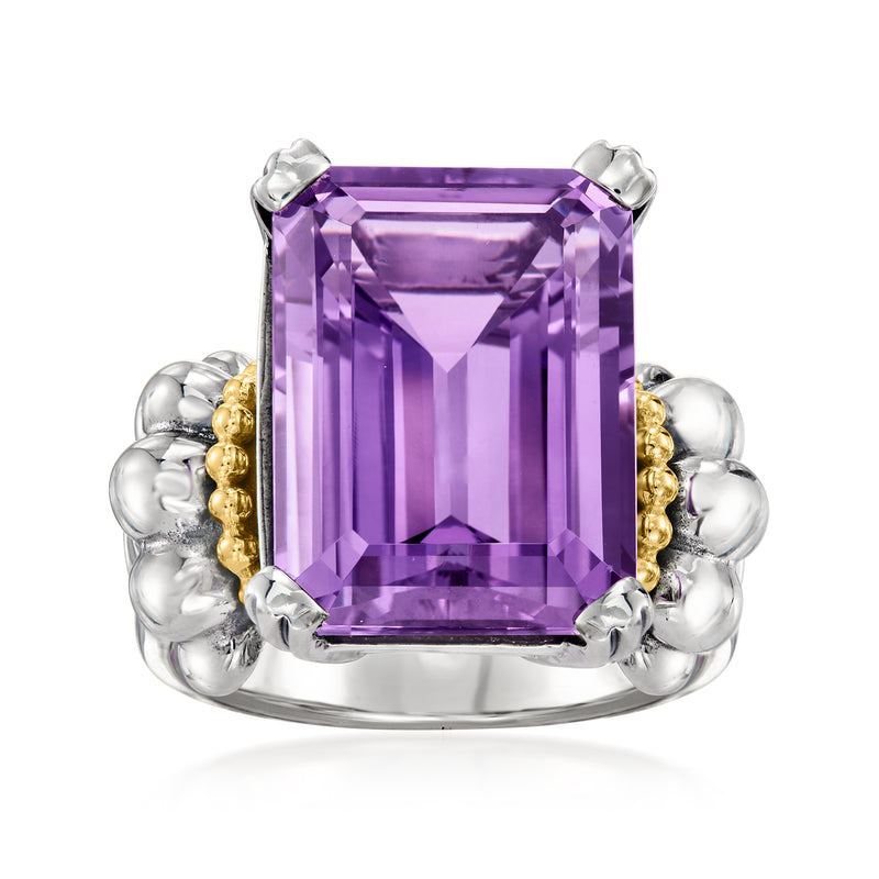 Amethyst ring with rectangular purple gemstone, sterling silver setting, gold accents