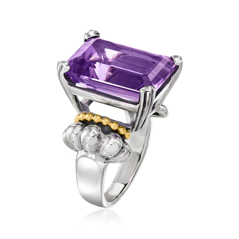 Amethyst ring with angled view of rectangular purple gemstone in sterling silver setting