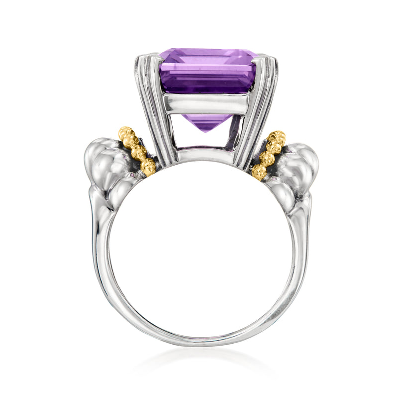 Amethyst ring side view with rectangular purple gemstone, sterling silver prongs and gold accents