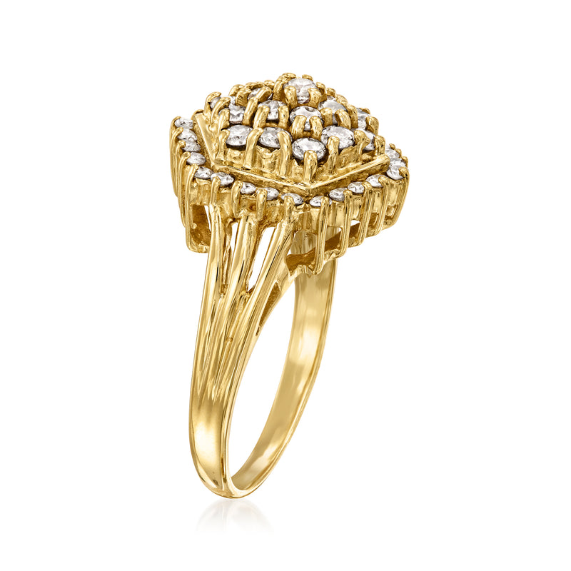 Yellow gold ring with rectangular pave cluster top and openwork gallery