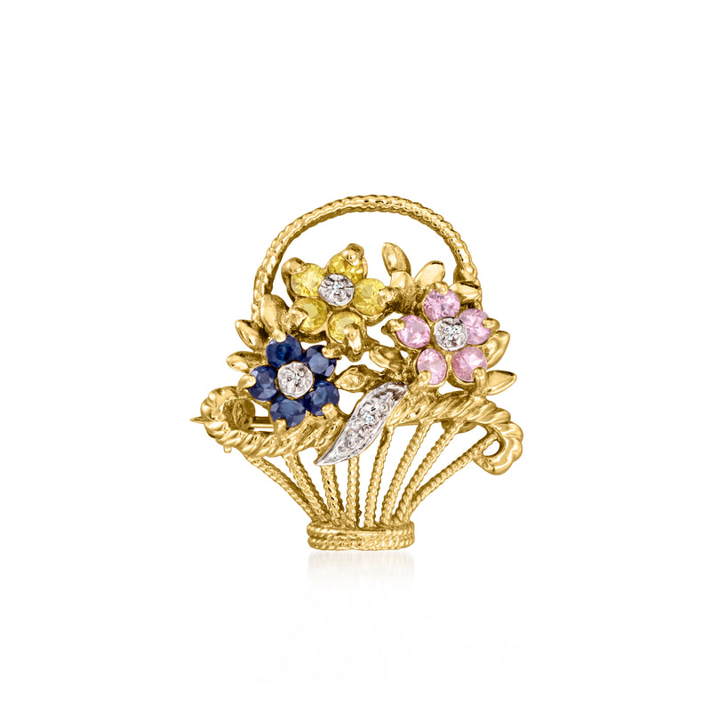 14kt yellow gold flower pin with multicolored sapphires and diamond accents