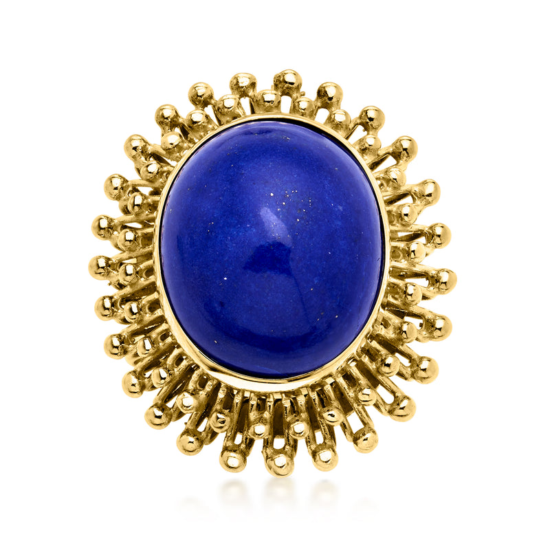 Vintage lapis cabochon ring in 18kt yellow gold with round blue stone and bead halo