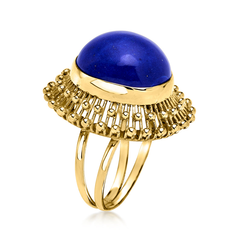 Vintage lapis cabochon ring with oval blue stone and gold prongless bezel band