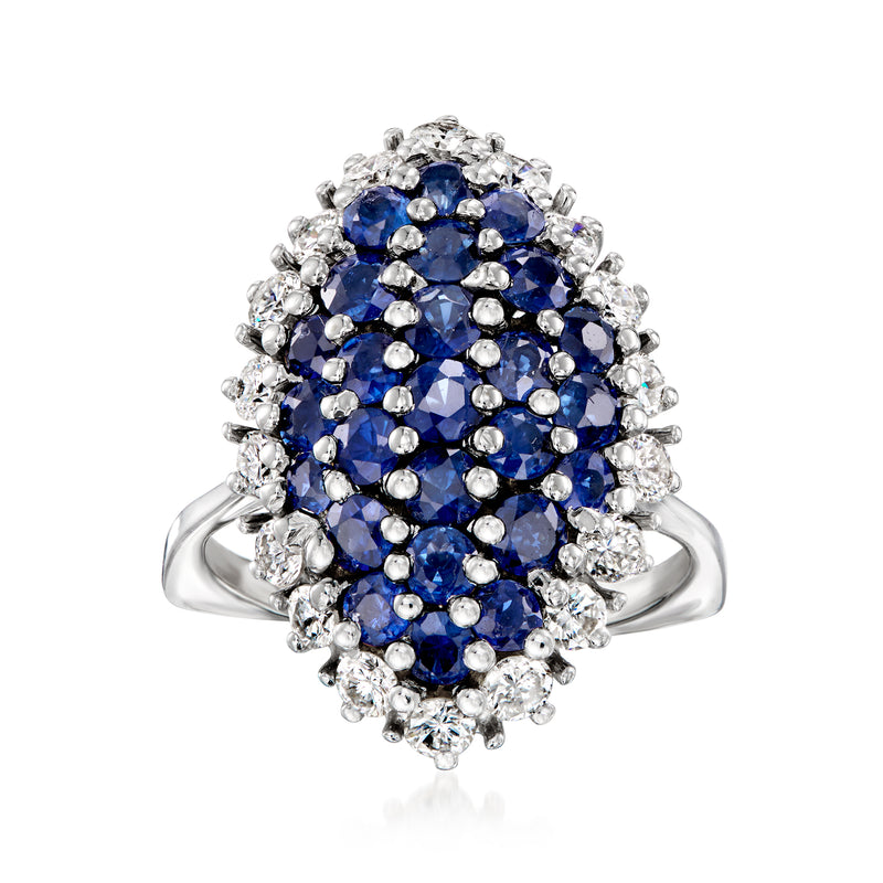 Sapphire cluster navette ring, 18kt white gold with blue sapphires and diamonds