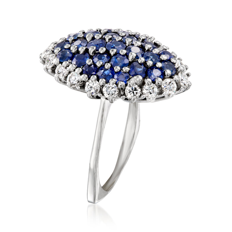 Vintage sapphire and diamond navette ring in white gold