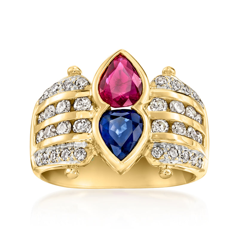 18kt yellow gold ring with blue and pink gemstones and diamond accents, openwork shoulders