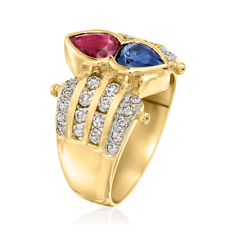Vintage 18kt yellow gold ring with sapphire, ruby, and diamond accents
