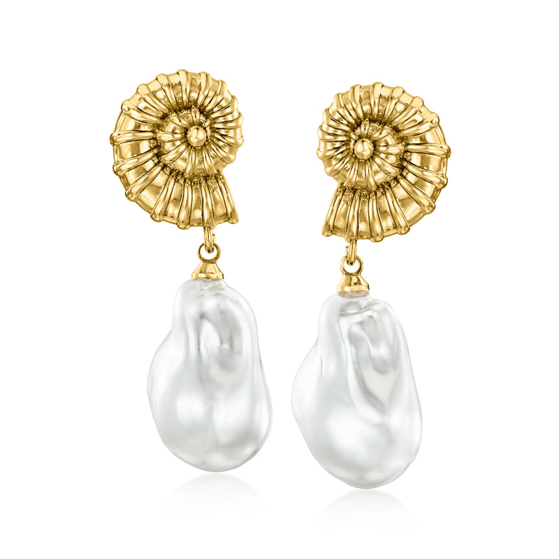 Gold-plated seashell drop earrings with baroque pearl-style drops