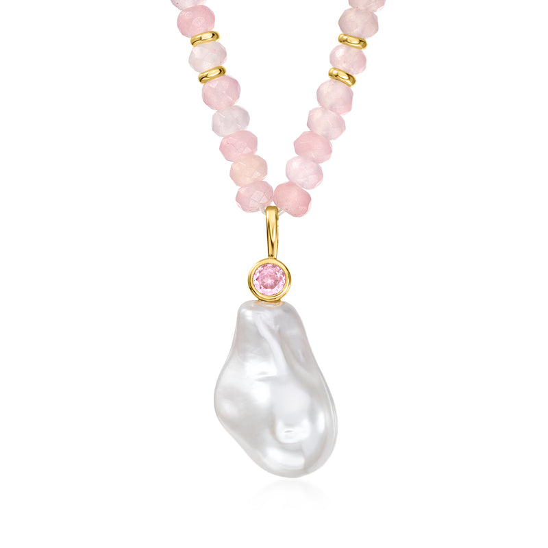 Pink rose quartz-bead necklace with gold-tone teardrop pearl pendant