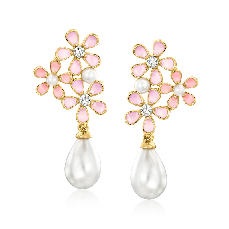 Pink enamel flower drop earrings with faux gemstones and white pearl drops, gold-plated
