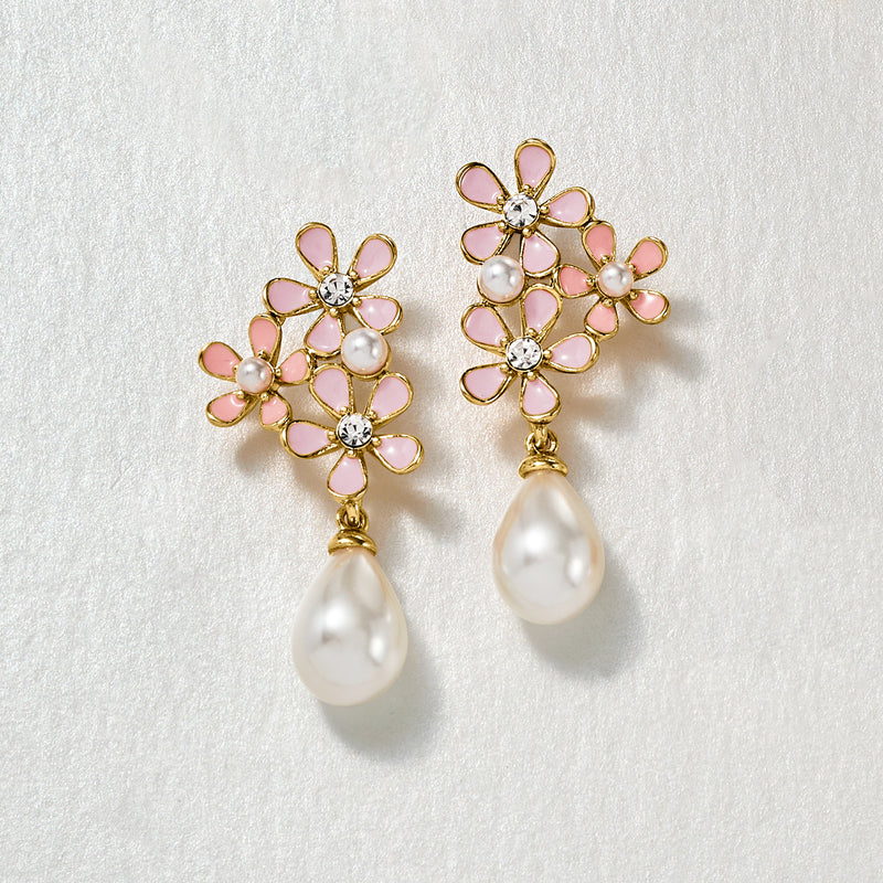 14kt Yellow Gold-Plated and Pink Enamel Flower Earrings with Simulated Gemstones and Pearls