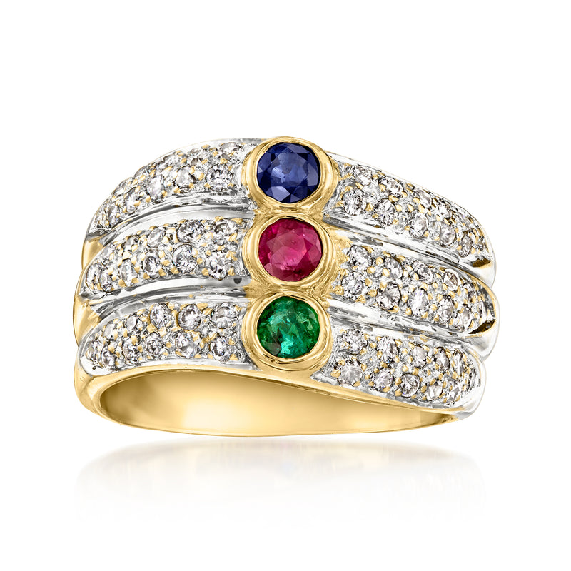 18kt yellow gold multi-gemstone ring with blue, pink, and green stones and diamond accents
