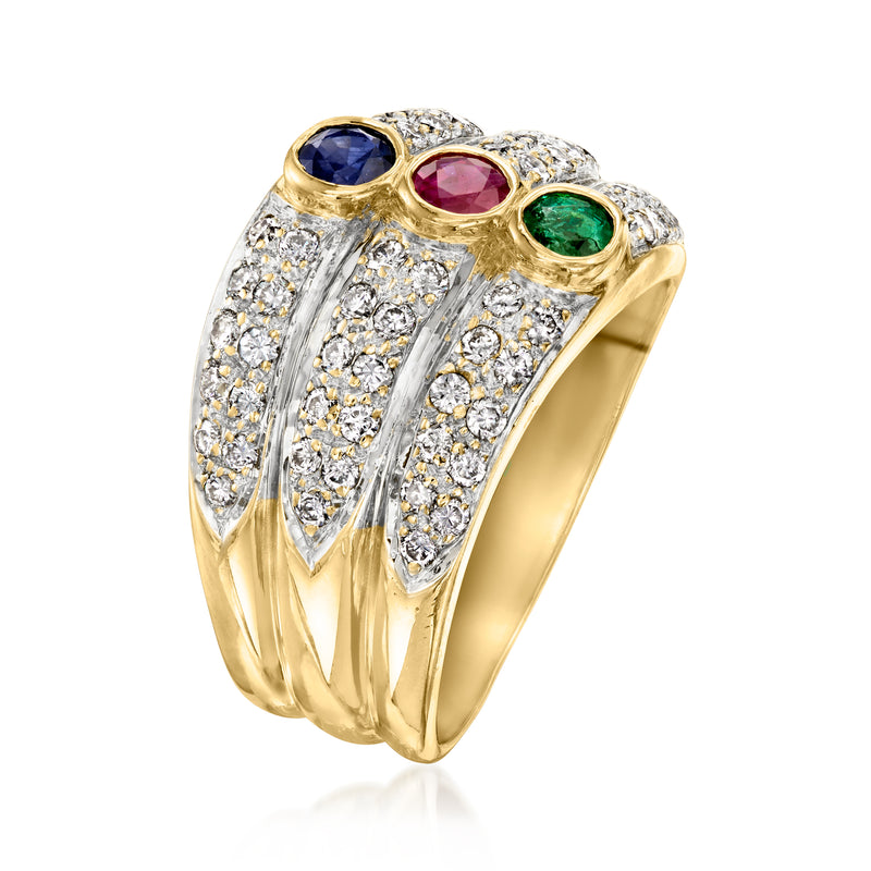 18kt yellow gold multi-gemstone ring with diamond pave and blue, pink, green round stones