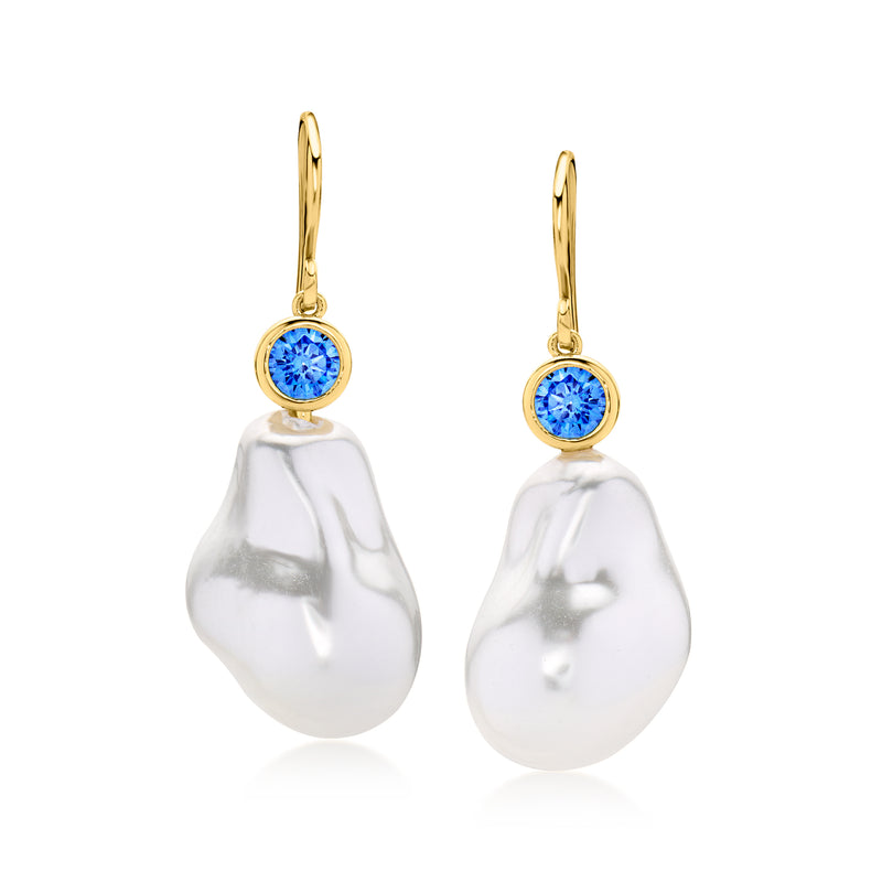 Gold-plated drop earrings with blue gemstones and teardrop white pearls
