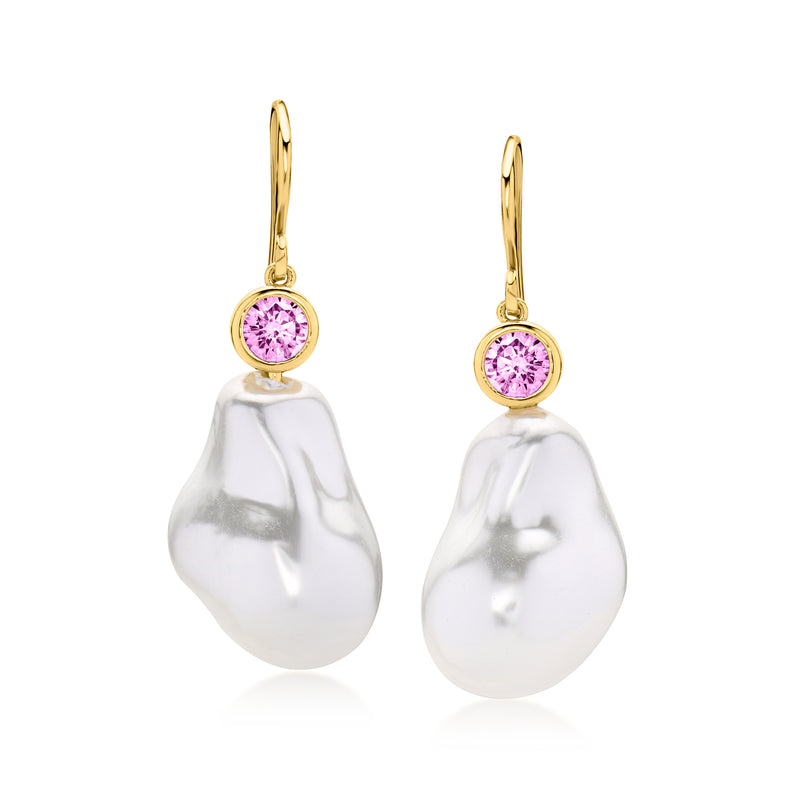 Gold-plated drop earrings with pink round gemstone and white teardrop pearl