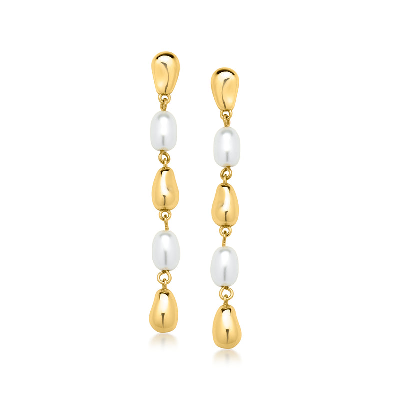 Gold-plated drop earrings with white baroque-look pearls, linked three-piece drop