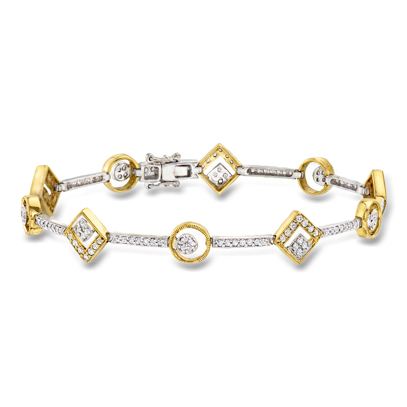 Two-tone gold diamond geometric bracelet with square and round settings, link chain