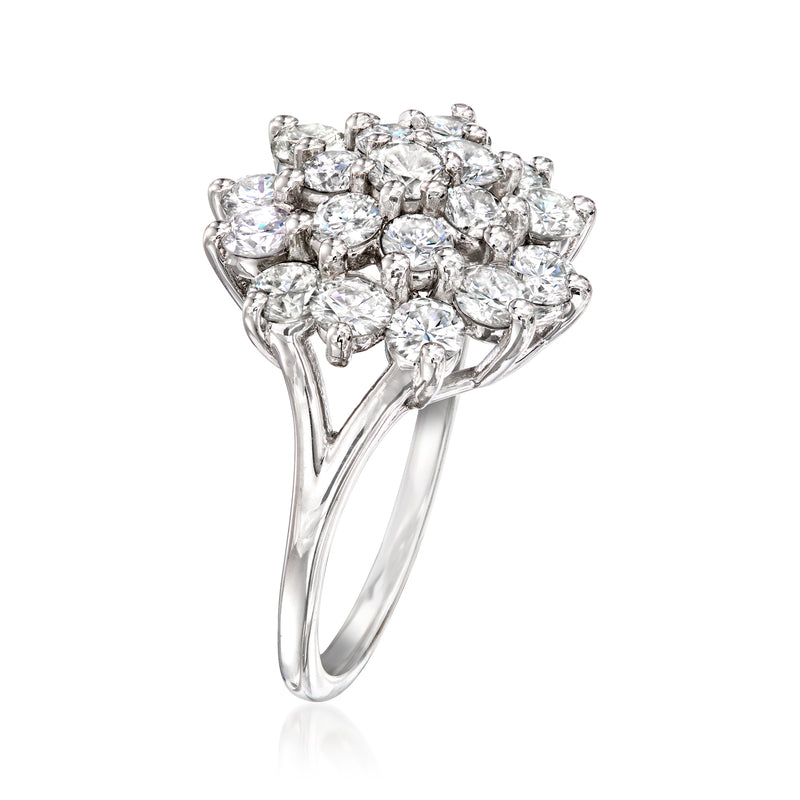 10kt white gold diamond cluster ring, side view with prong-set round stones