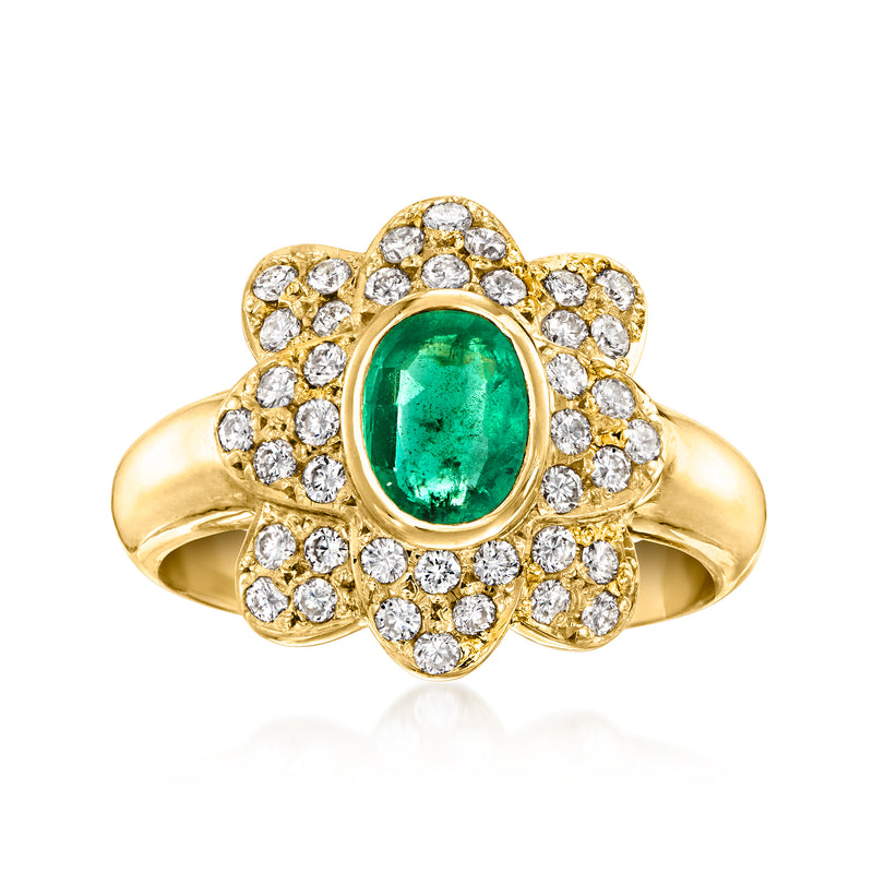 Vintage green emerald flower ring with diamond halo, 18k yellow gold band