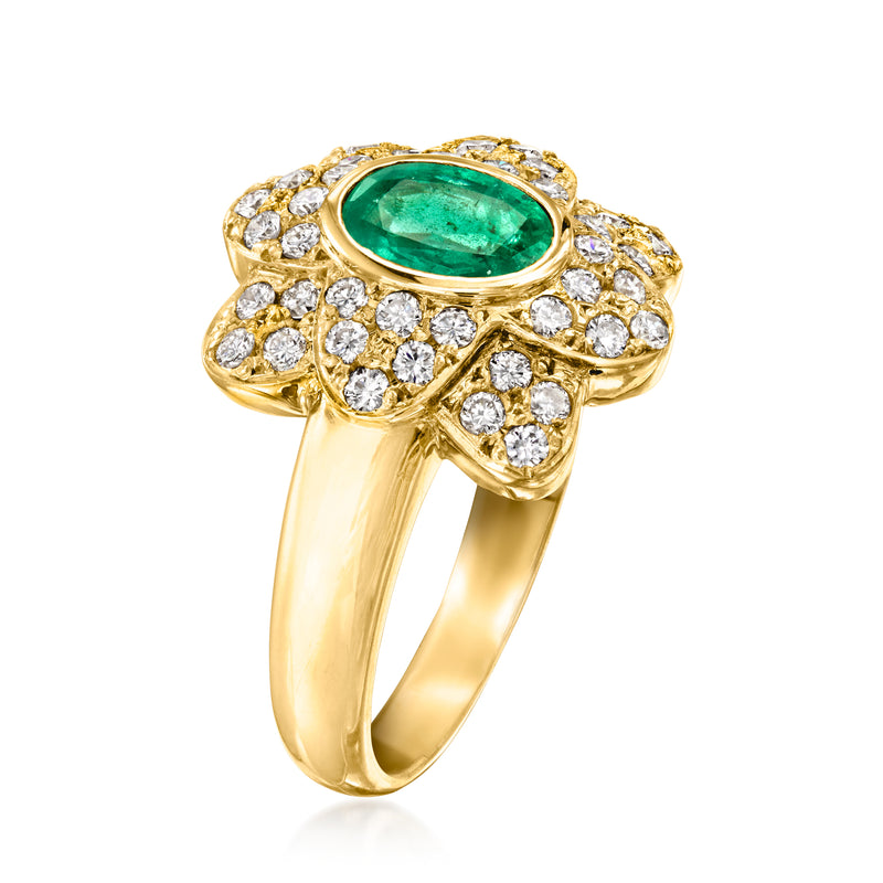 Vintage green oval center gemstone flower ring with diamond clusters, 18k yellow gold