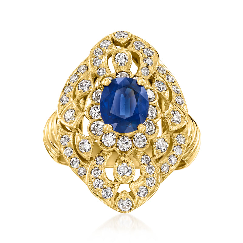 Vintage sapphire and diamond openwork ring in 18k yellow gold, oval blue center