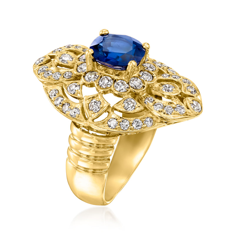 Vintage oval sapphire ring in 18k yellow gold with diamond halo, angled side view