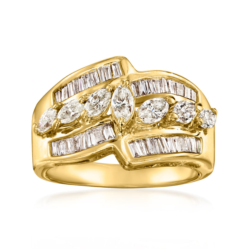 Vintage yellow gold diamond ring with baguette and round white stones, ornate three-row design