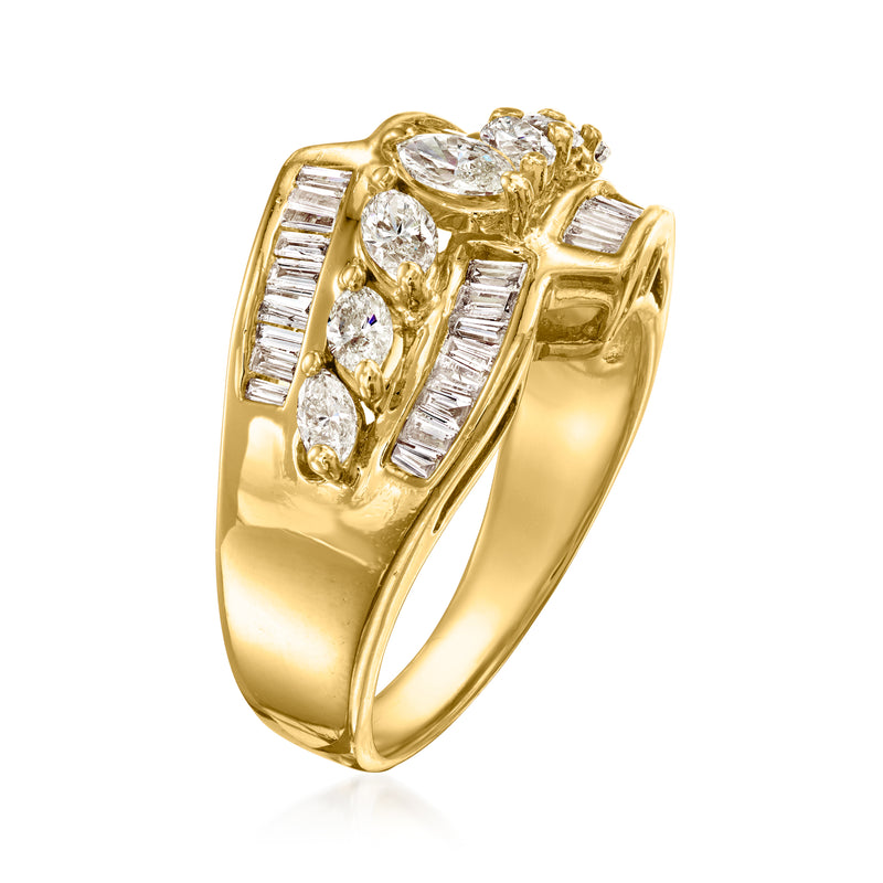 Side view vintage yellow gold diamond ring with baguette accents and oval center stone