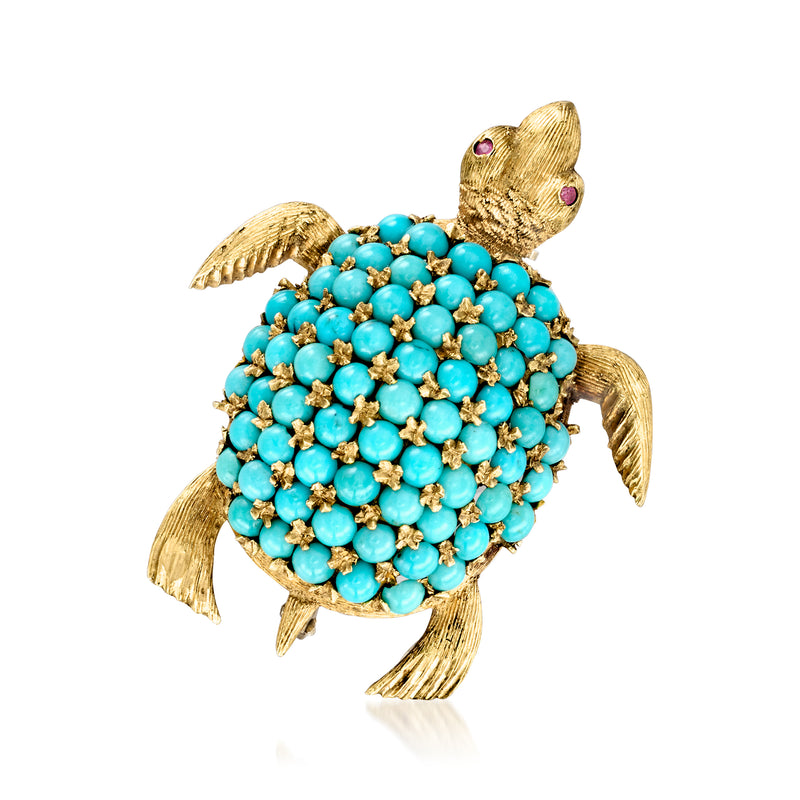 Vintage 18kt yellow gold turtle pin with turquoise cabochons and ruby eye detail