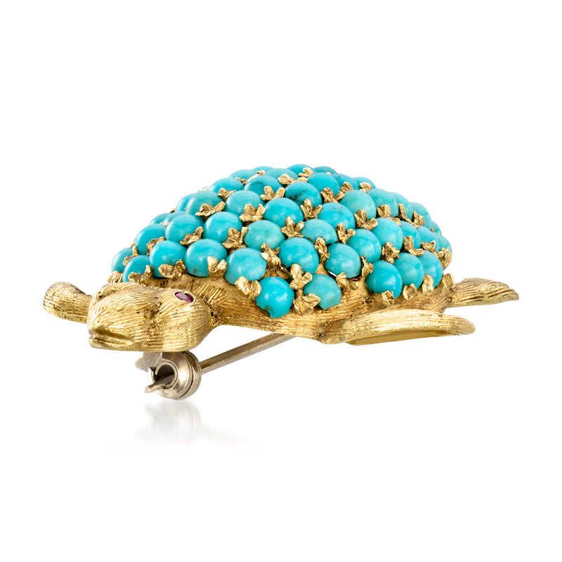 C. 1960 Vintage Turquoise Turtle Pin with Rubies in 18kt Yellow Gold