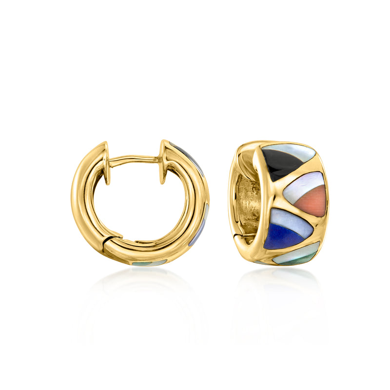 Yellow gold hoop earrings with geometric multicolor gemstone inlay