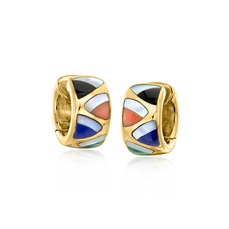 Pair of yellow gold hoop earrings with geometric multicolor gemstone inlay, close-up