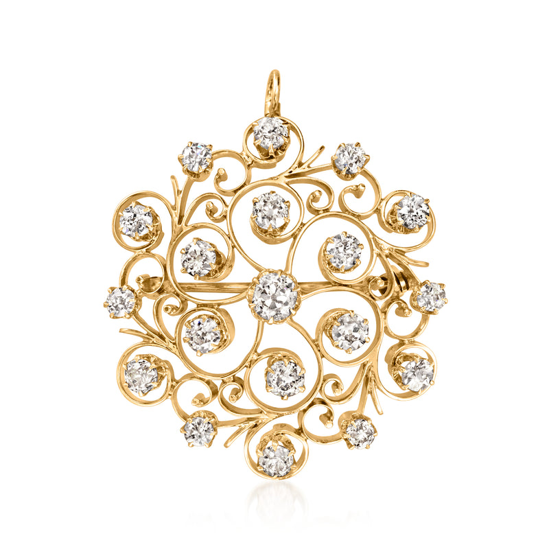 Yellow gold diamond swirl pin/pendant with round stones, ornate filigree cluster