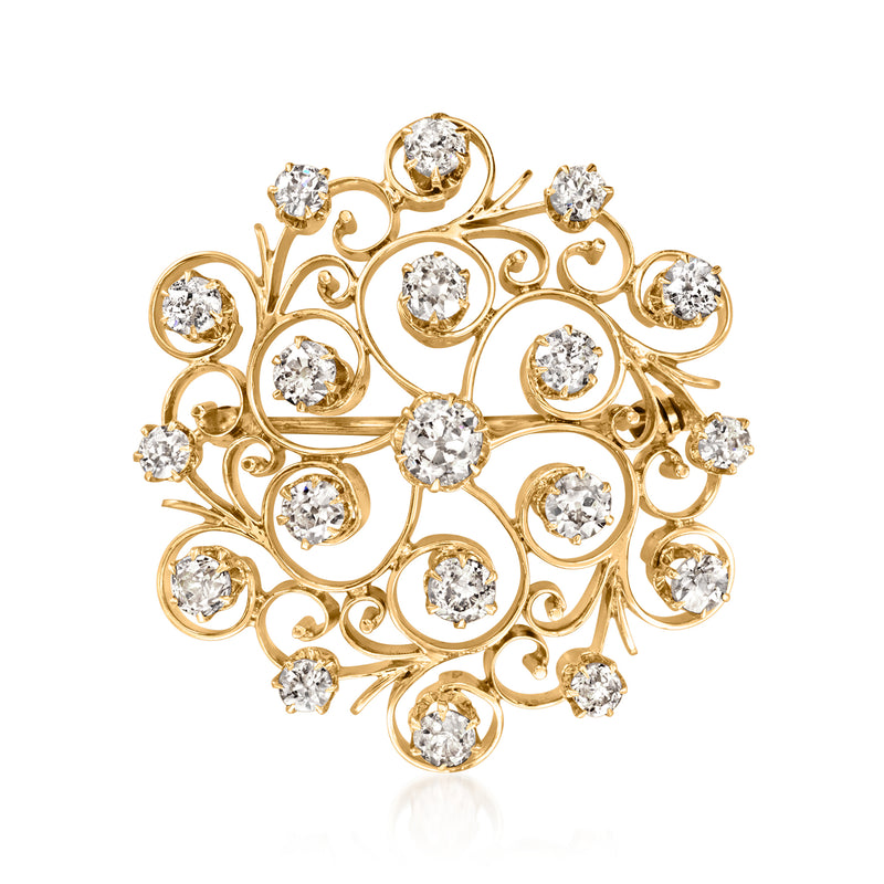Yellow gold diamond swirl pin/pendant with round stones, filigree openwork front
