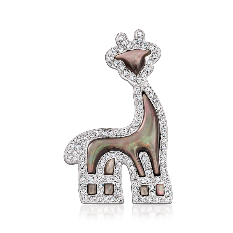Iridescent mother-of-pearl giraffe pin with diamond accents on white gold