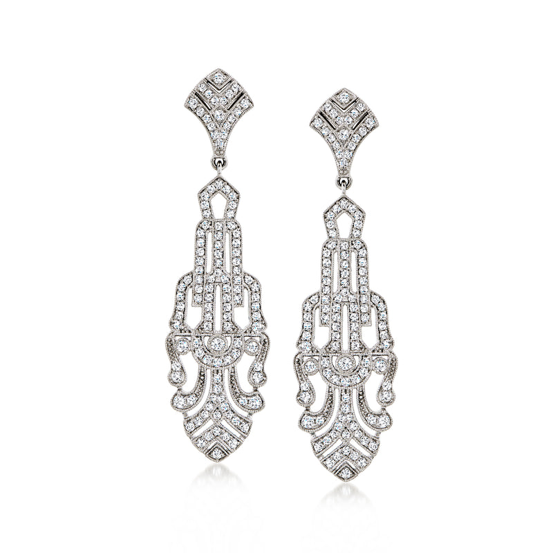 Openwork diamond drop earrings with geometric lattice design, silver-tone settings