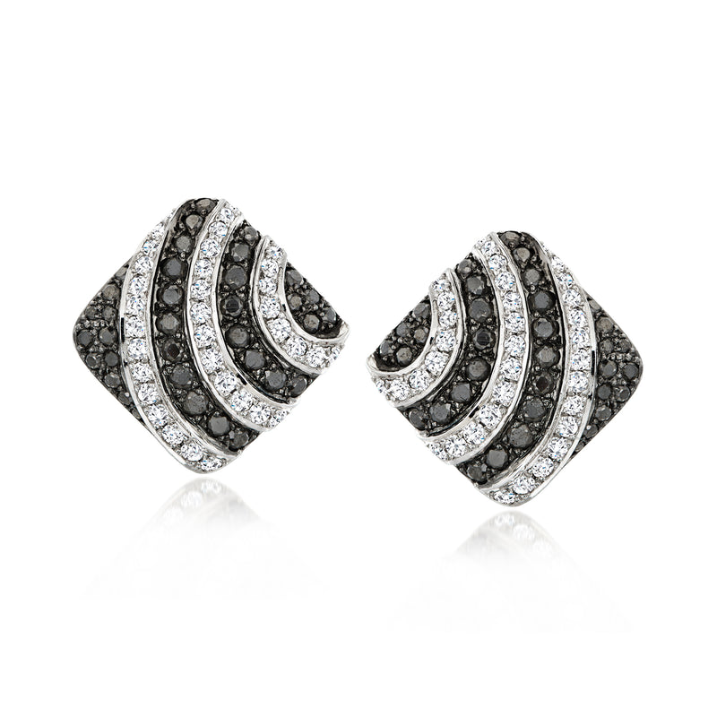 Square diamond stud earrings with black and white stones in 18kt white gold