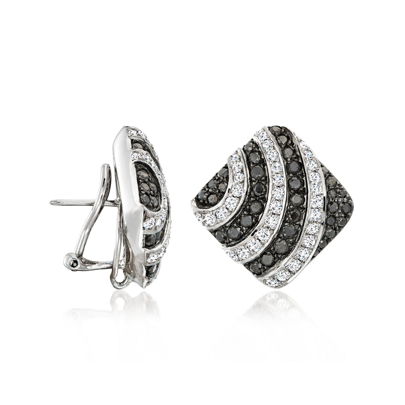 Square black and white diamond stud earrings, post back visible, 18kt white gold