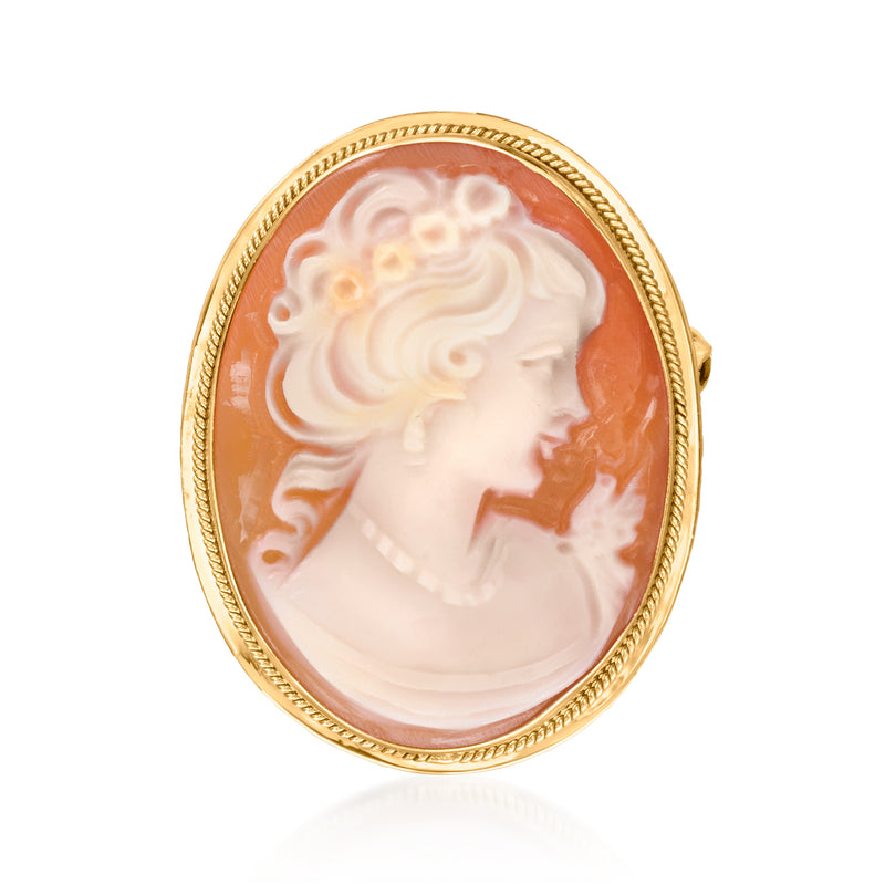 14kt yellow gold orange shell cameo pin with oval bezel and white profile