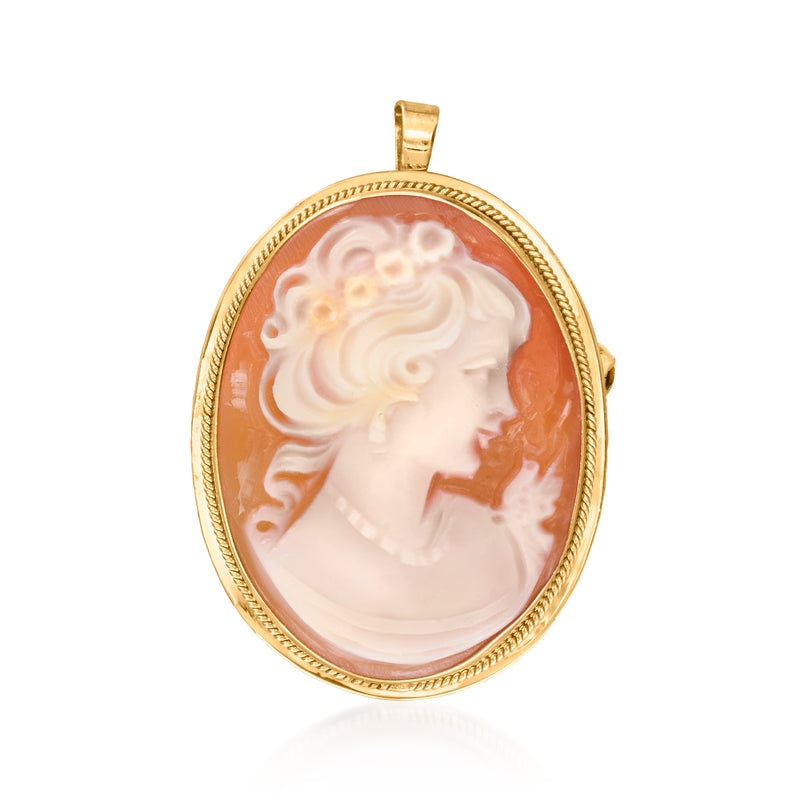 14kt yellow gold orange shell cameo pendant pin with bail and side clasp