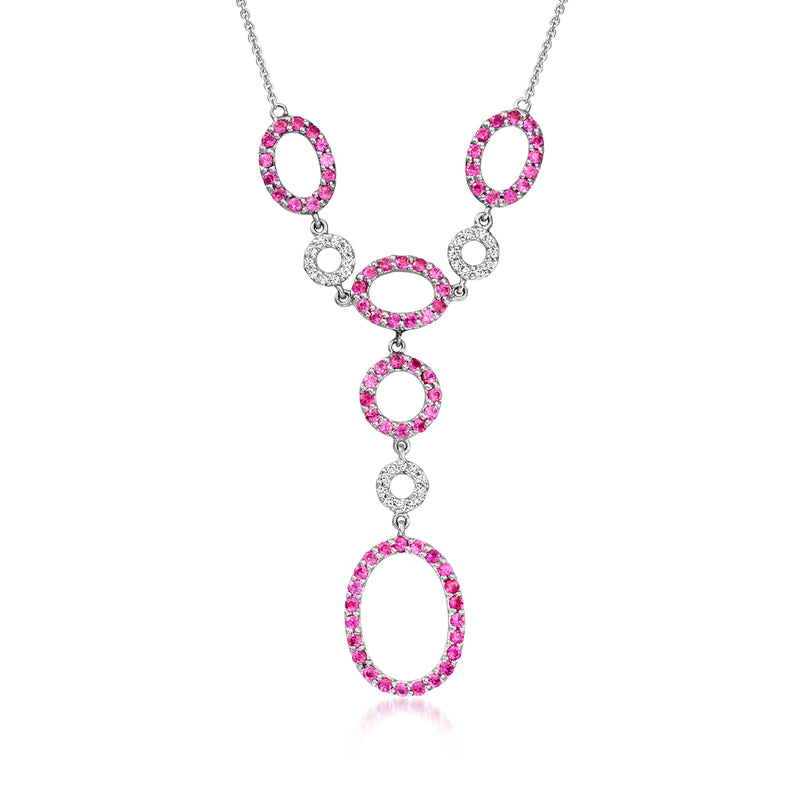 Geometric drop necklace with pink oval sapphires and diamond accents in white gold