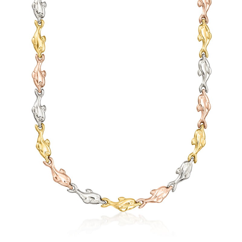 Tri-colored gold dolphin-link necklace with curved dolphin-shaped links