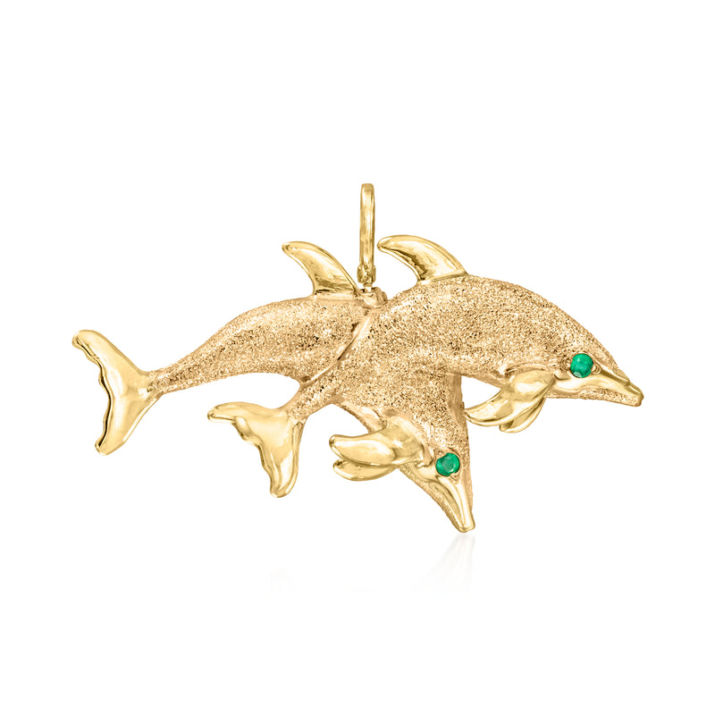14kt yellow gold dolphin pin/pendant with three green emerald accents