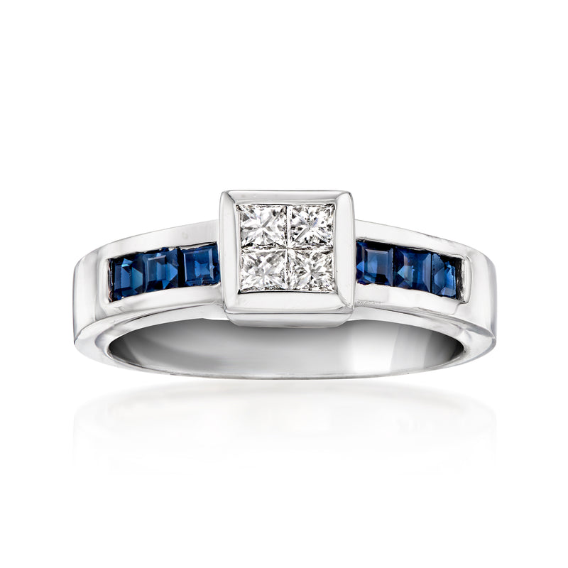 14kt white gold ring with square diamond top and blue sapphire baguettes on sides