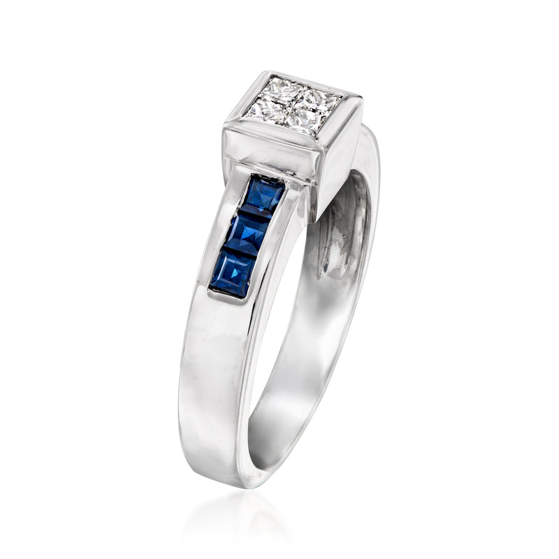 Square diamond top ring with blue sapphire baguette side stones, 14kt white gold