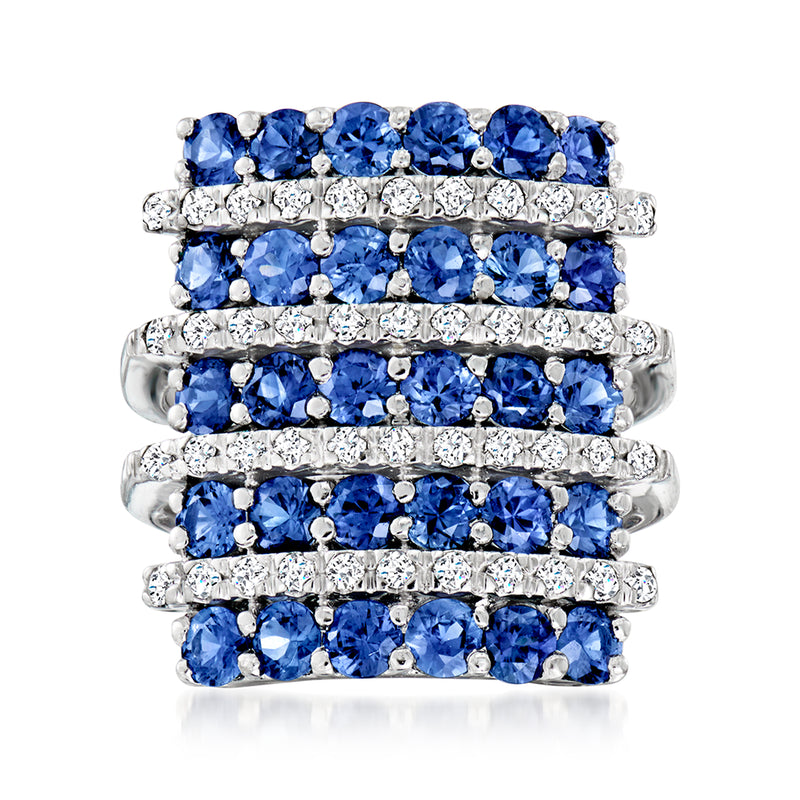 Multi-row sapphire and diamond band ring, blue stones with white diamonds in white gold